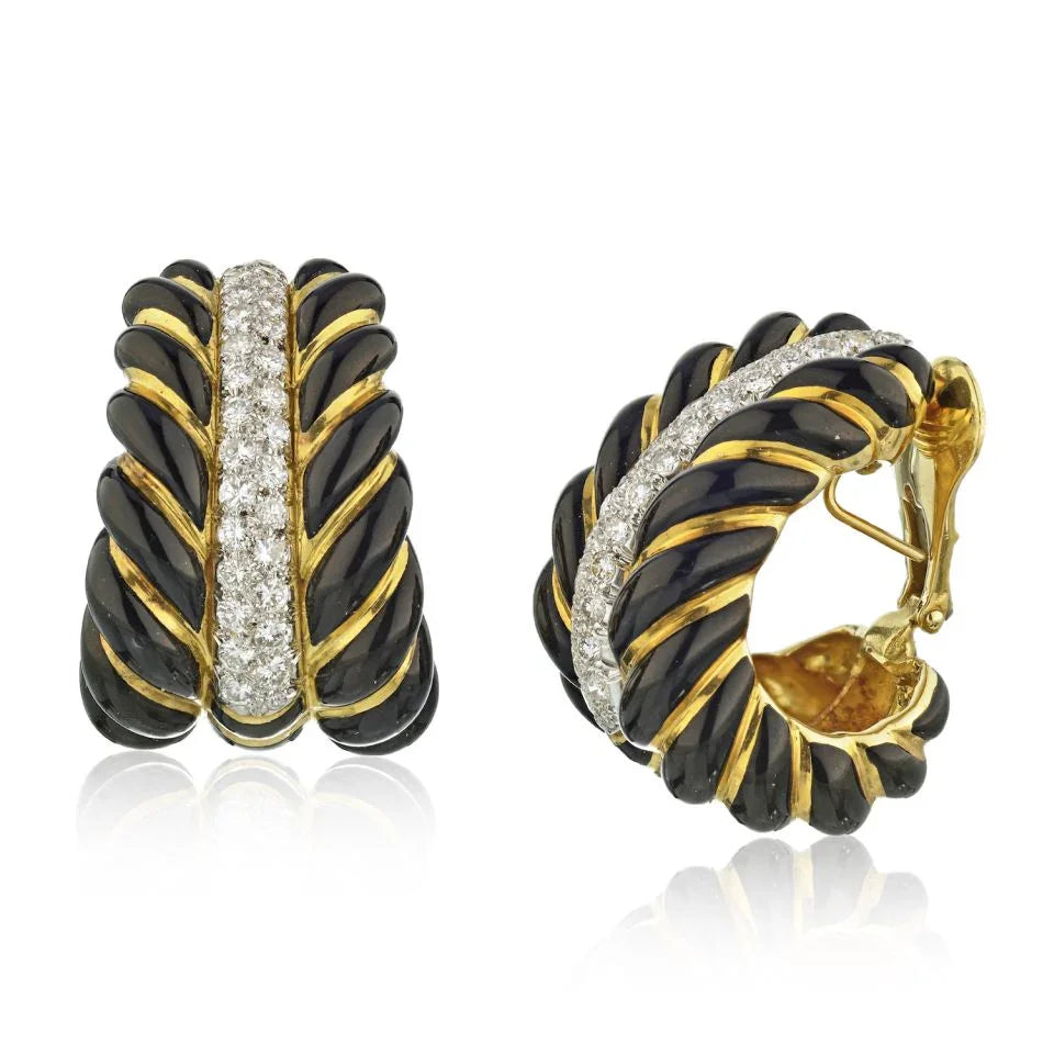 David Webb Platinum & 18K Yellow Gold Black Enamel Diamond Bombe Shrimp Earrings — Laura Milman New York