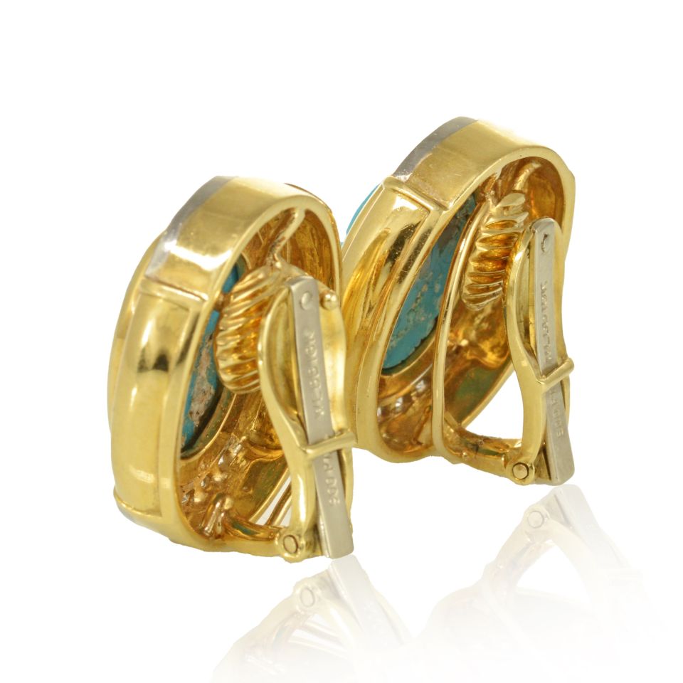 David Webb Platinum & 18K Yellow Gold Oval Shaped Blue Turquoise Diamond Clip-On Earrings — view 3 — Laura Milman New York