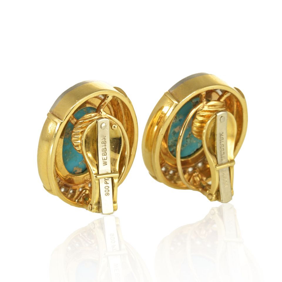 David Webb Platinum & 18K Yellow Gold Oval Shaped Blue Turquoise Diamond Clip-On Earrings — view 4 — Laura Milman New York