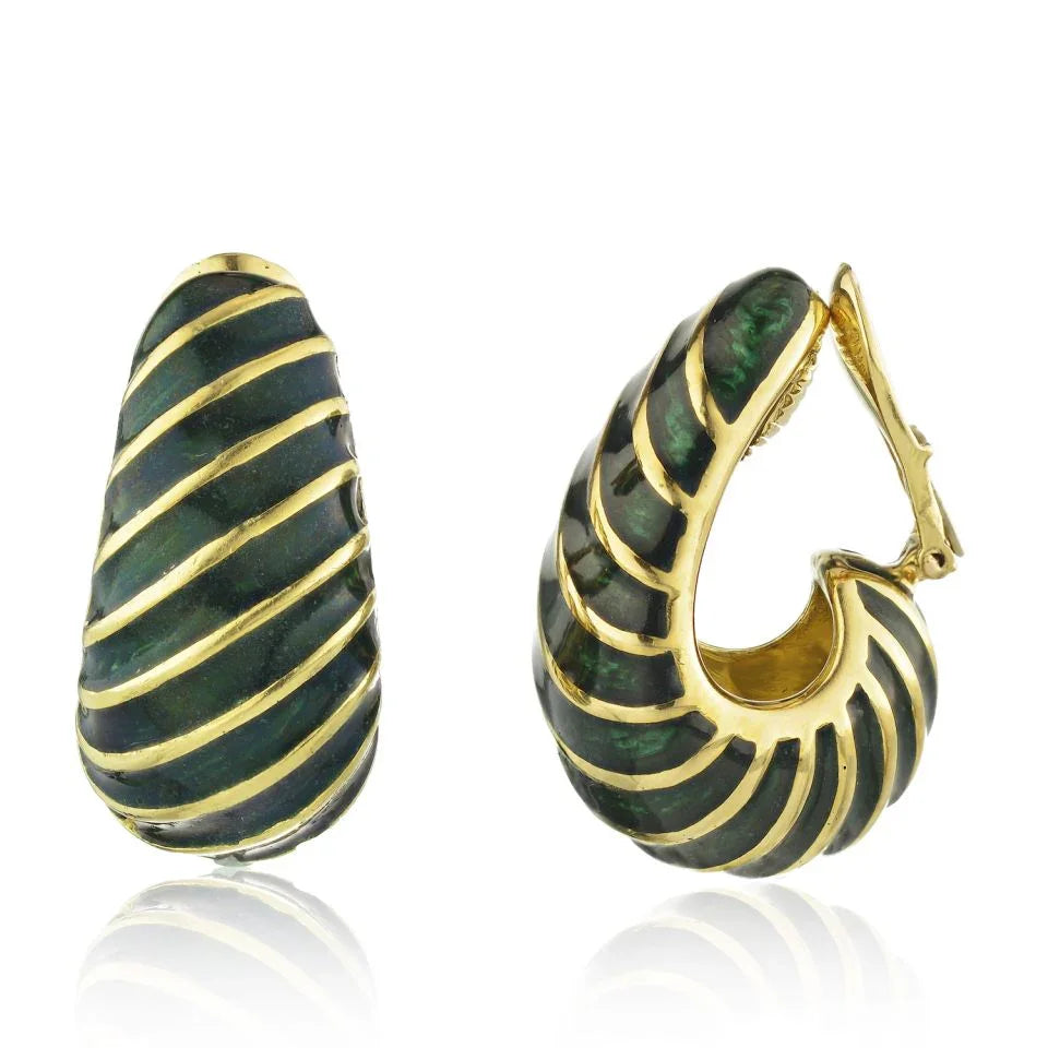 David Webb Platinum & 18K Yellow Gold Green Enamel Shrimp Clip-On Earrings — view 2 — Laura Milman New York