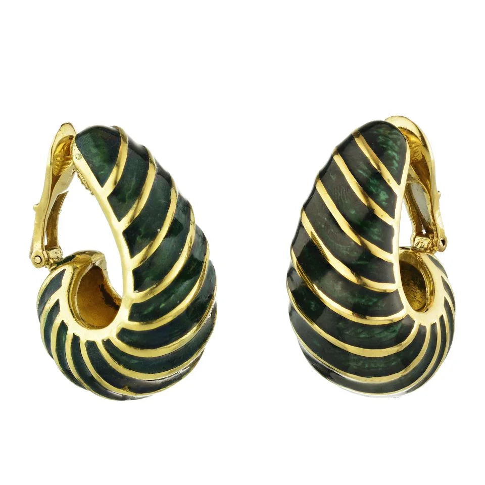 David Webb Platinum & 18K Yellow Gold Green Enamel Shrimp Clip-On Earrings — view 3 — Laura Milman New York