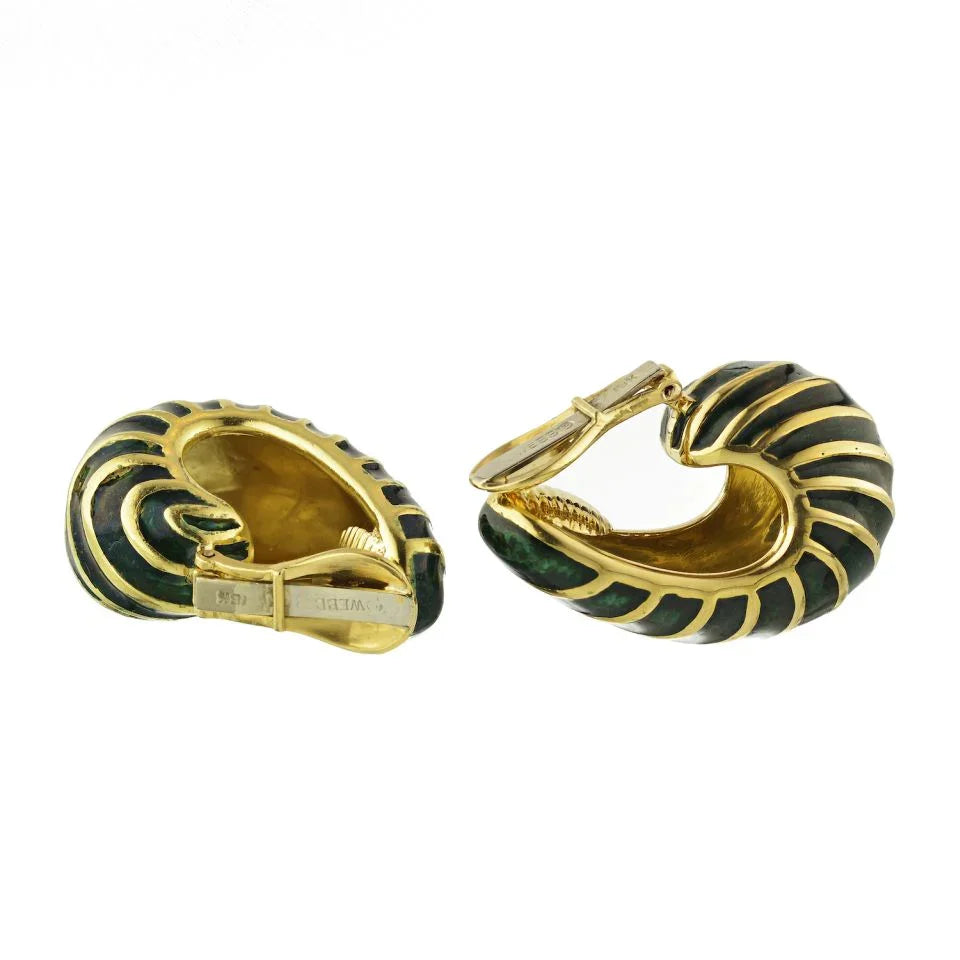 David Webb Platinum & 18K Yellow Gold Green Enamel Shrimp Clip-On Earrings — view 5 — Laura Milman New York