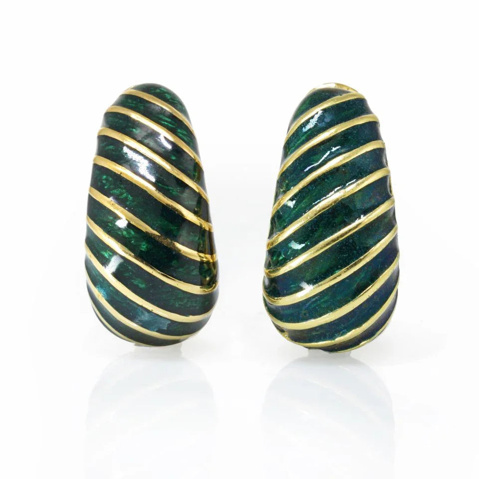 David Webb Platinum & 18K Yellow Gold Green Enamel Shrimp Clip-On Earrings — Laura Milman New York
