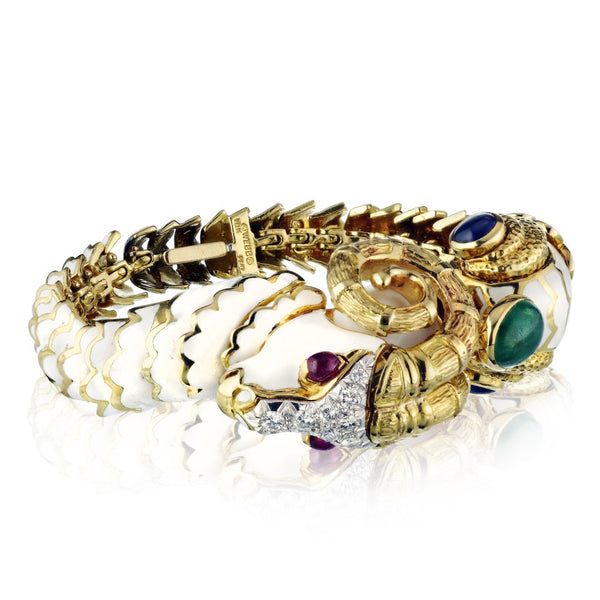 David Webb Kingdom Platinum & 18K Yellow Gold White Enamel Aries Ram Bracelet — view 2