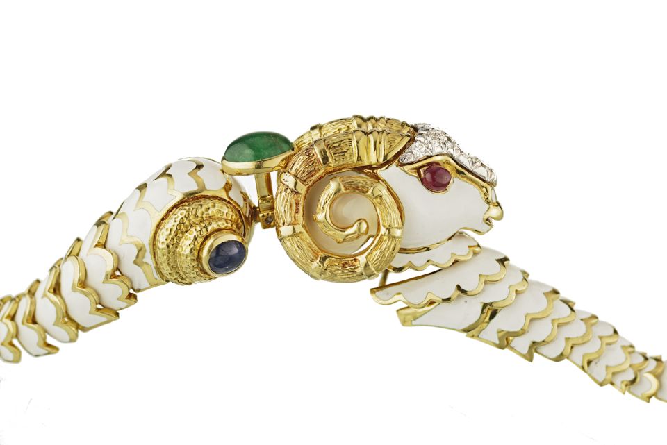 David Webb Kingdom Platinum & 18K Yellow Gold White Enamel Aries Ram Bracelet — view 3 — Laura Milman New York