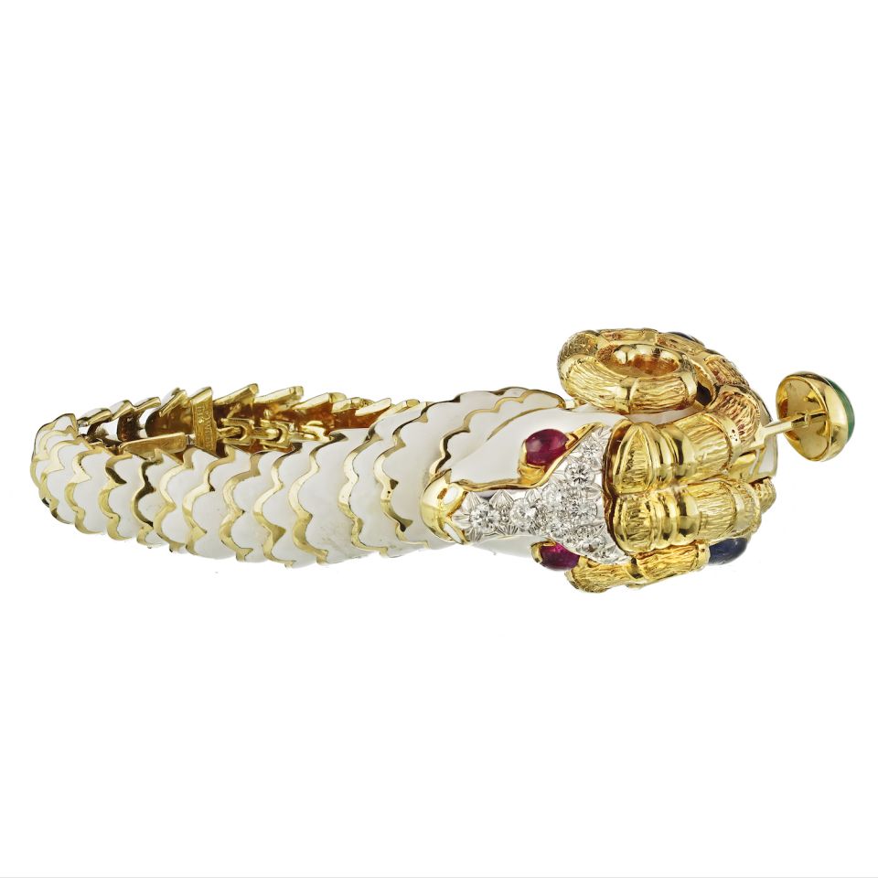 David Webb Kingdom Platinum & 18K Yellow Gold White Enamel Aries Ram Bracelet — view 4 — Laura Milman New York