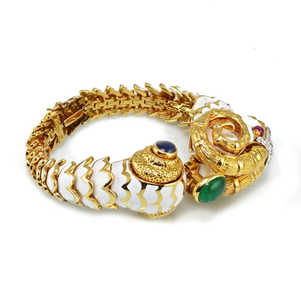 David Webb Kingdom Platinum & 18K Yellow Gold White Enamel Aries Ram Bracelet — Laura Milman New York