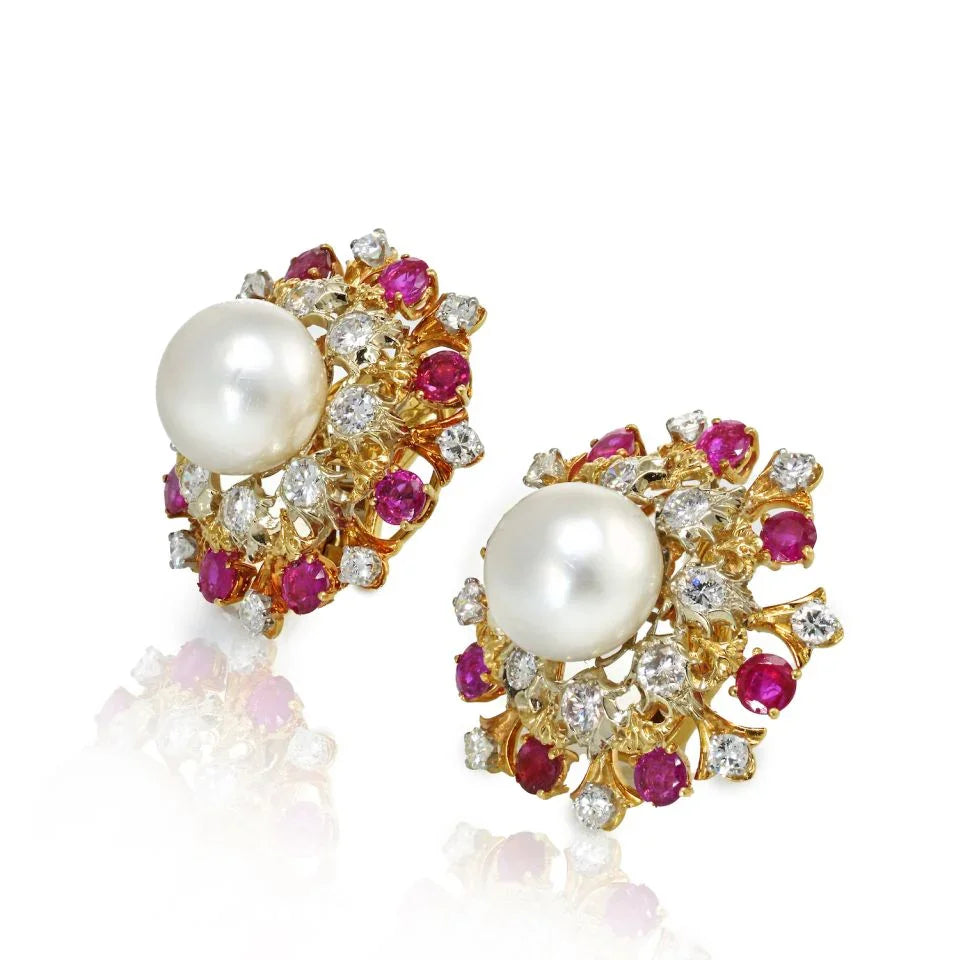 David Webb Platinum Pearl, Diamond & Ruby Earrings — view 2 — Laura Milman New York