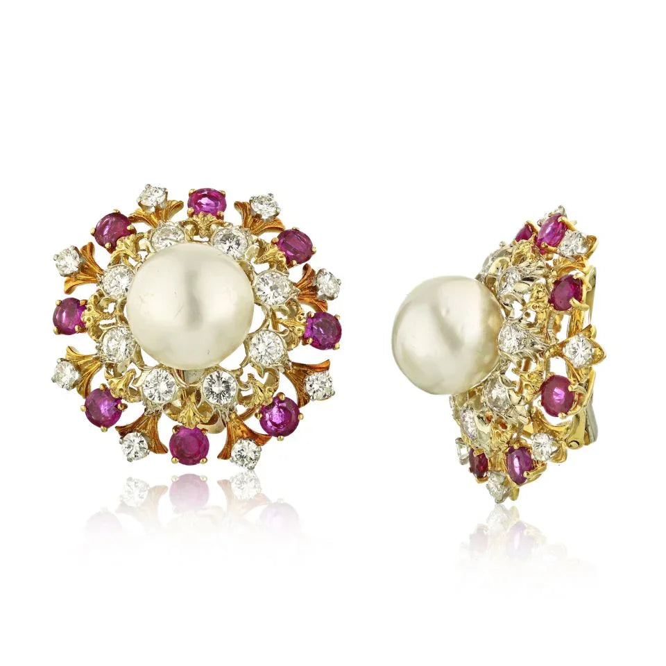 David Webb Platinum Pearl, Diamond & Ruby Earrings — Laura Milman New York