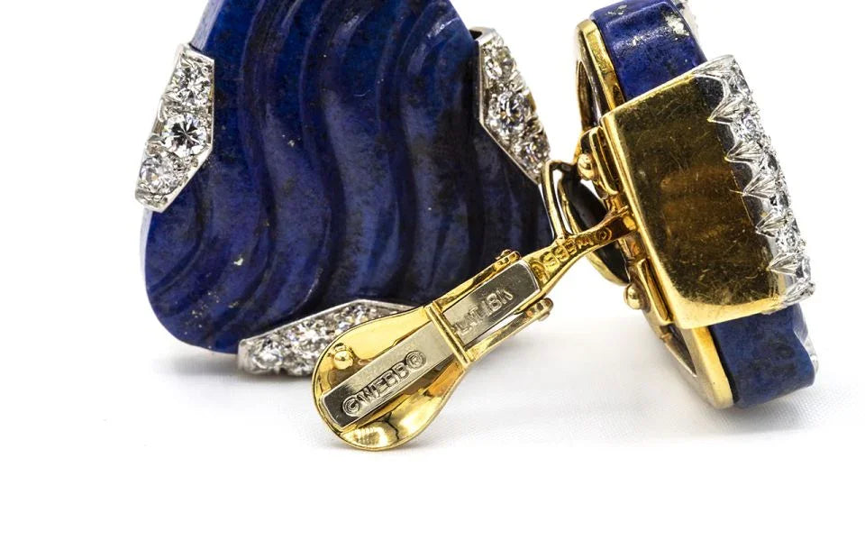 David Webb 1970's Platinum & 18K Yellow Gold 2.75 Carat Large Lapis Lazuli Earrings — view 3 — Laura Milman New York