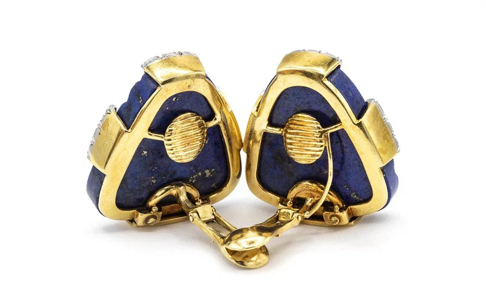 David Webb 1970's Platinum & 18K Yellow Gold 2.75 Carat Large Lapis Lazuli Earrings — view 4 — Laura Milman New York