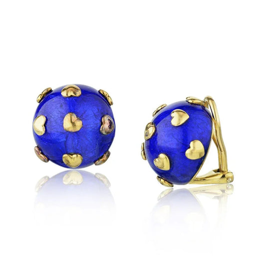 Pre-Owned Tiffany & Co. Schlumberger 18K Yellow Gold Blue Enamel Heart Motif Earrings - Tiffany & Co. Earrings