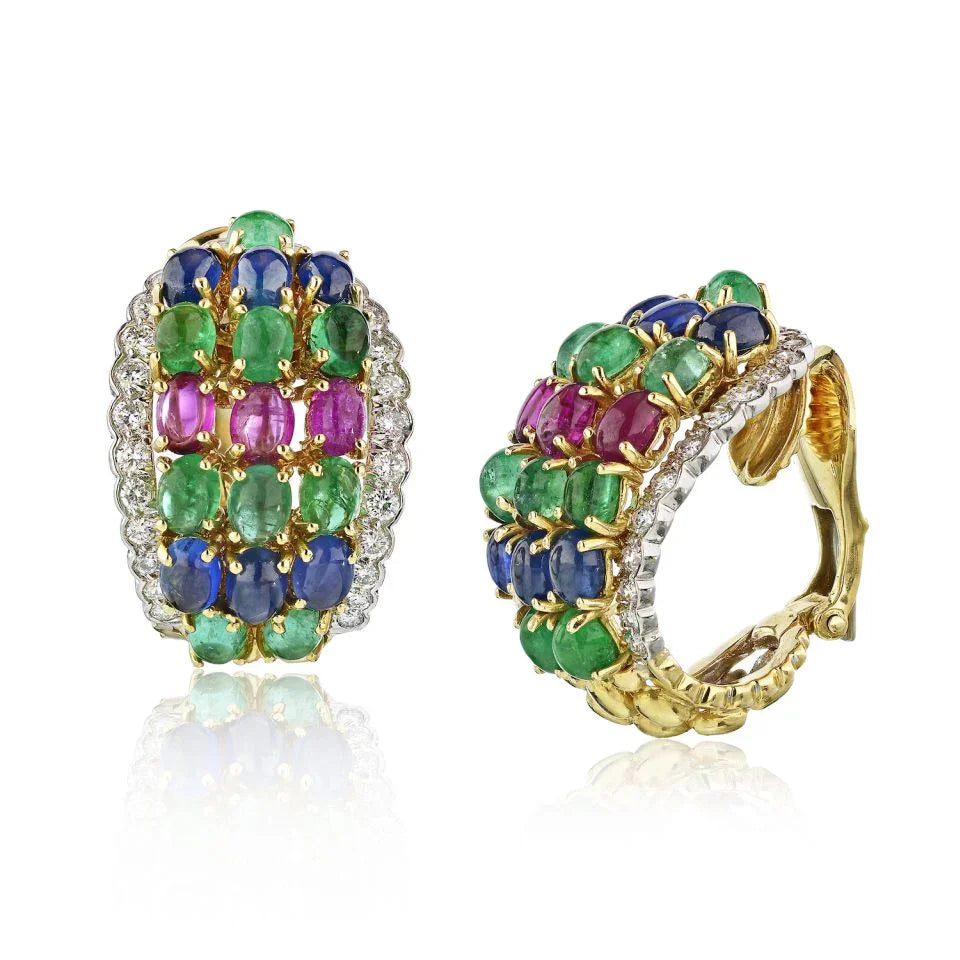 David Webb Multicolor Platinum & 18K Yellow Gold Emeralds, Ruby, Sapphire, Diamonds Earrings — Laura Milman New York