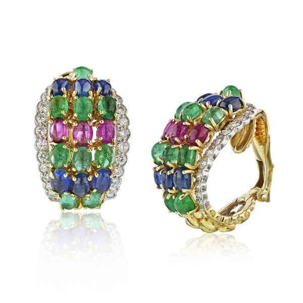 David Webb Multicolor Platinum & 18K Yellow Gold Emeralds, Ruby, Sapphire, Diamonds Earrings
