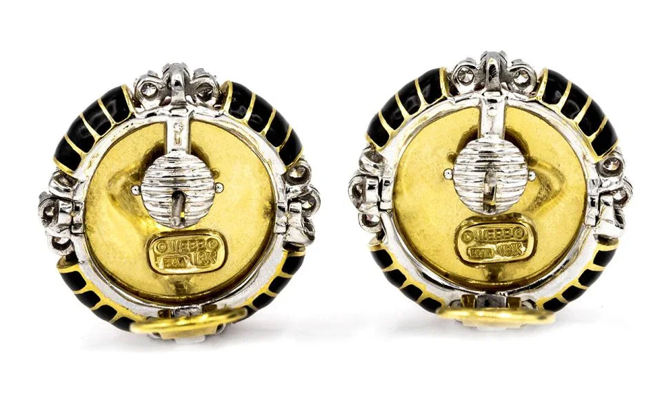 David Webb Coral Platinum & 18K Yellow Gold Black Enamel And Diamond Earrings — view 3 — Laura Milman New York