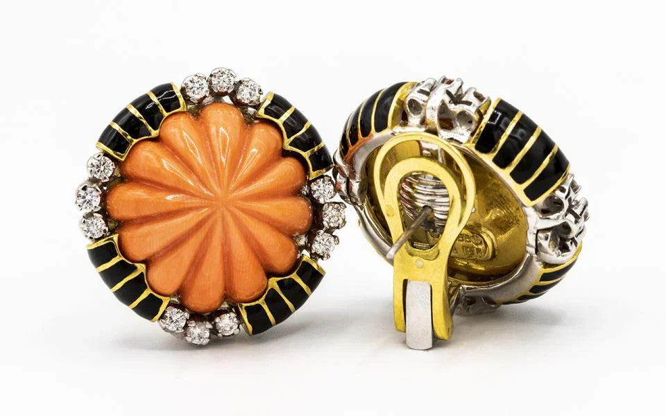 David Webb Coral Platinum & 18K Yellow Gold Black Enamel And Diamond Earrings — view 4 — Laura Milman New York