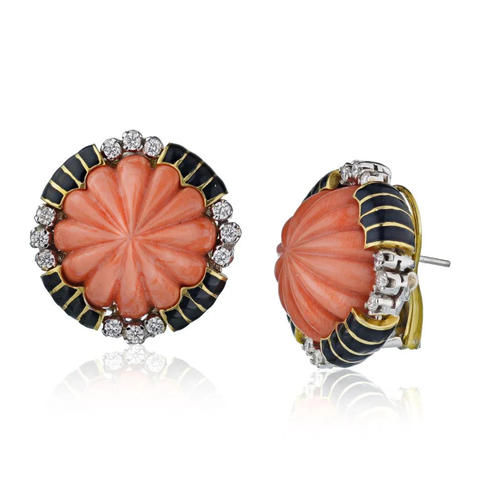 David Webb Coral Platinum & 18K Yellow Gold Black Enamel And Diamond Earrings — Laura Milman New York