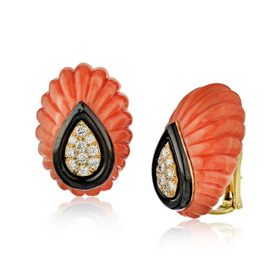 David Webb Fluted Coral, Black Enamel, Diamond Clip-On Earrings — Laura Milman New York