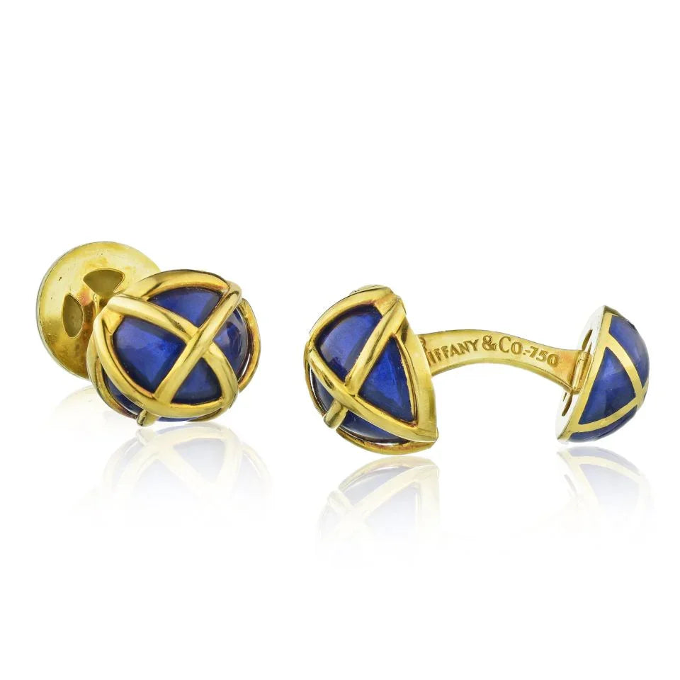 Tiffany & Co. Schlumberger Platinum & 18K Yellow Gold Blue Enamel Cuff Links — Laura Milman New York