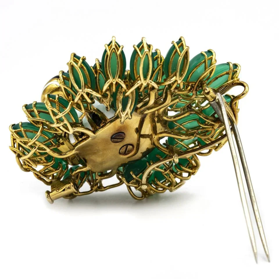 David Webb Kingdom Platinum & 18K Yellow Gold Diamond Tiger Chrysoprase Brooch — view 3 — Laura Milman New York