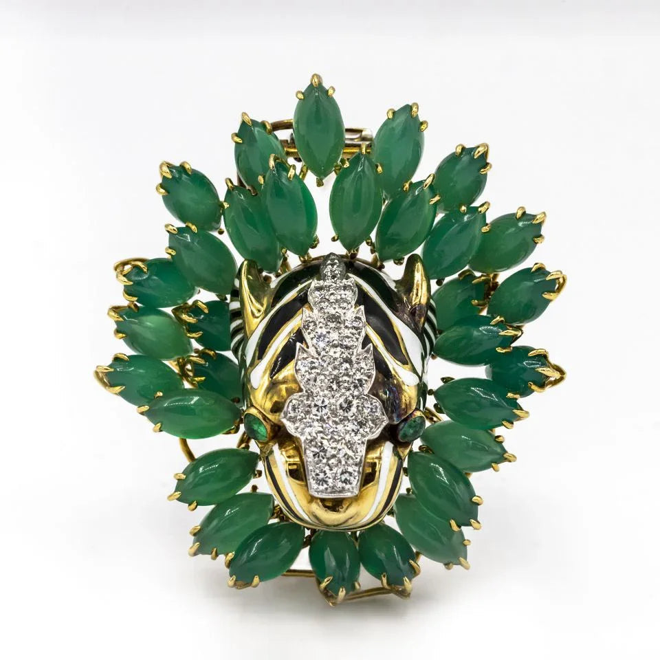 David Webb Kingdom Platinum & 18K Yellow Gold Diamond Tiger Chrysoprase Brooch — view 4 — Laura Milman New York