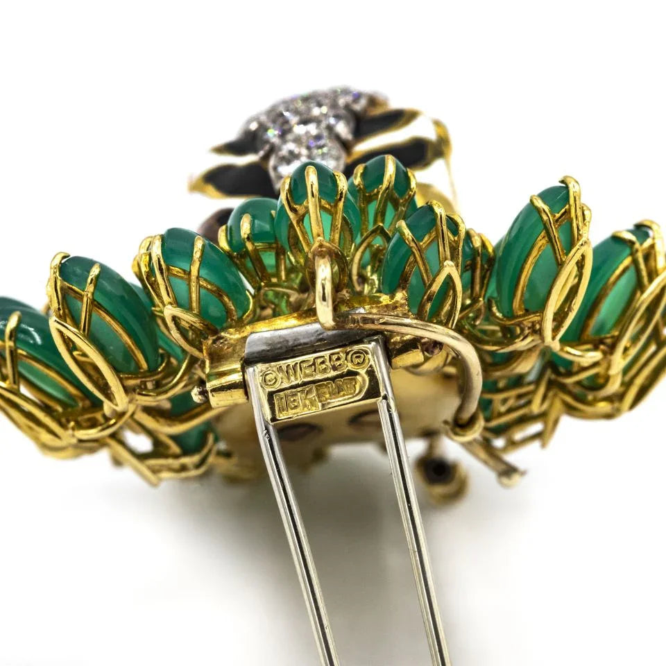 David Webb Kingdom Platinum & 18K Yellow Gold Diamond Tiger Chrysoprase Brooch — view 5 — Laura Milman New York