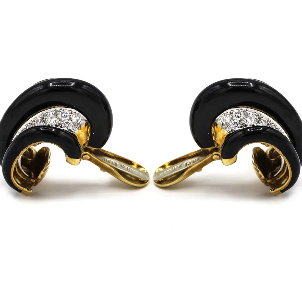 David Webb 1980's Platinum & 18K Yellow Gold Black Enamel Diamond Earrings — view 4 — Laura Milman New York