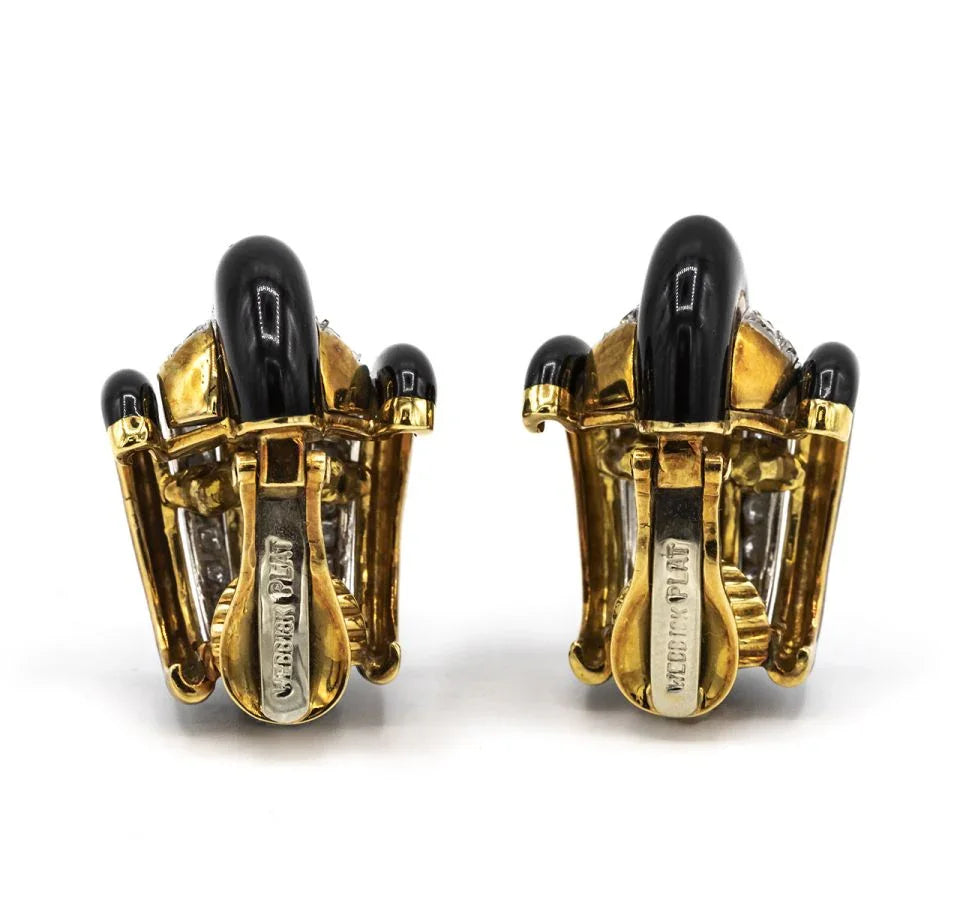 David Webb 1980's Platinum & 18K Yellow Gold Black Enamel Diamond Earrings — view 5 — Laura Milman New York