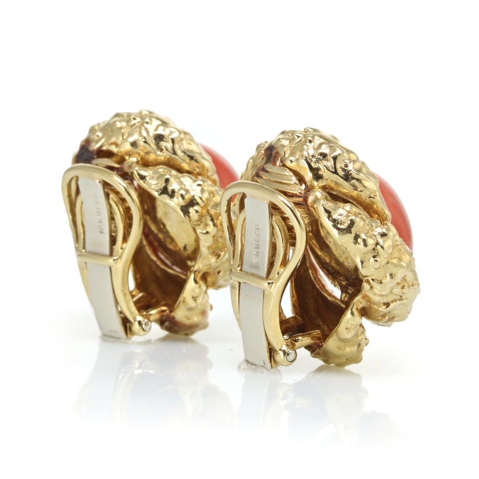 David Webb 1970's Platinum & 18K Yellow Gold Round Cabochon Coral Clip-On Earrings — view 3 — Laura Milman New York