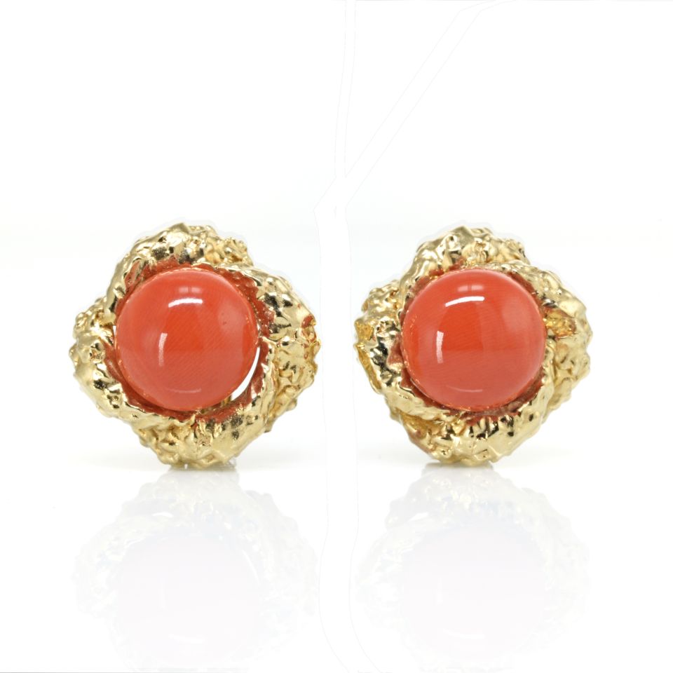 David Webb 1970's Platinum & 18K Yellow Gold Round Cabochon Coral Clip-On Earrings — Laura Milman New York