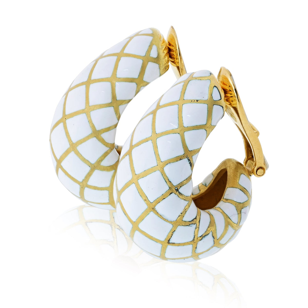 David Webb White Enamel Platinum & 18K Yellow Gold Bombe Gold Checkerboard Clip-On Earrings — view 2 — Laura Milman New York