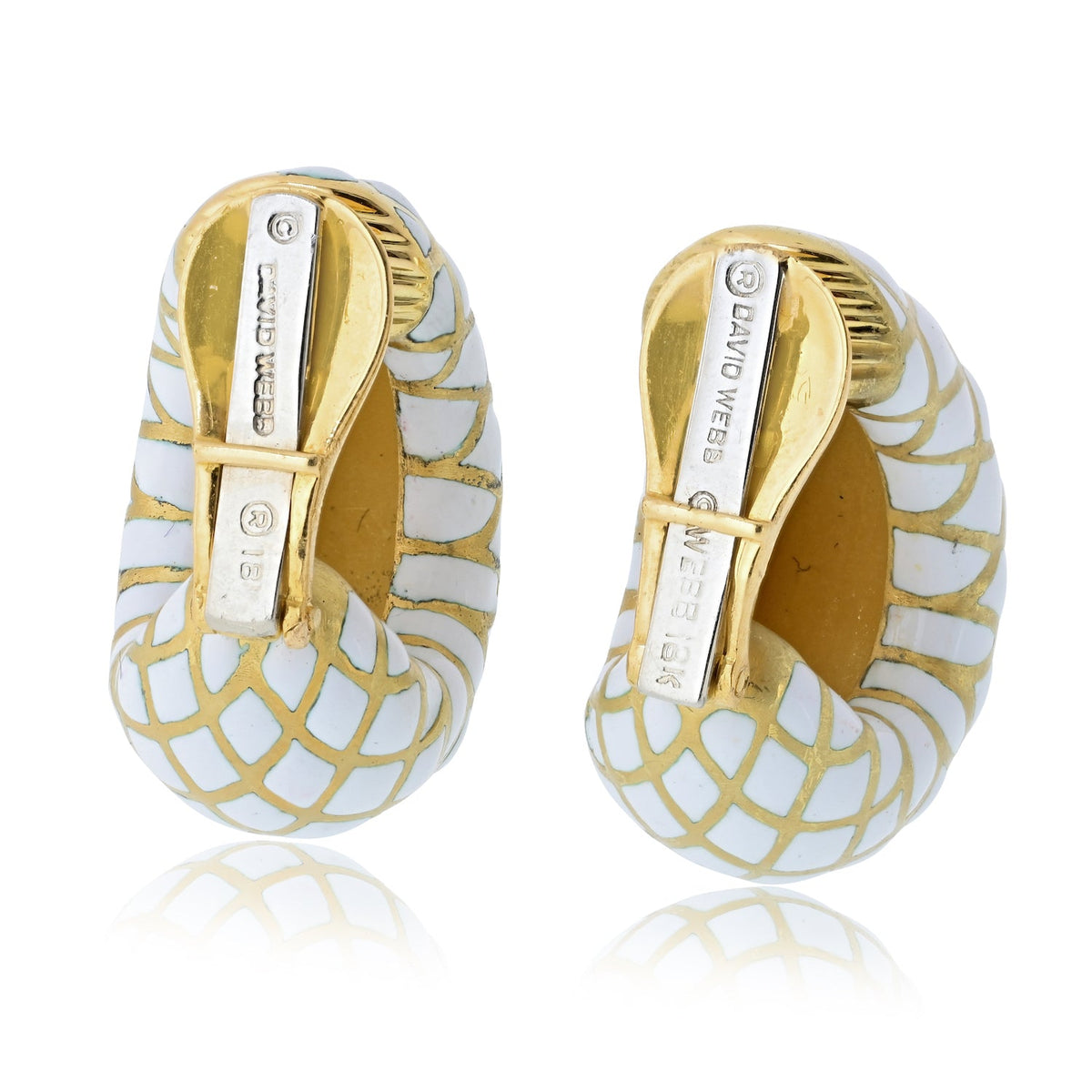 David Webb White Enamel Platinum & 18K Yellow Gold Bombe Gold Checkerboard Clip-On Earrings — view 4 — Laura Milman New York