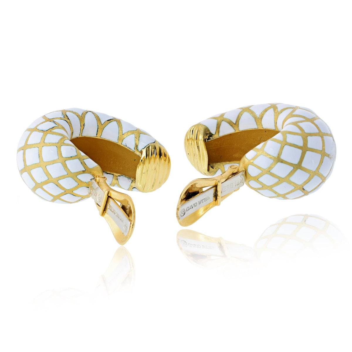 David Webb White Enamel Platinum & 18K Yellow Gold Bombe Gold Checkerboard Clip-On Earrings — view 9 — Laura Milman New York