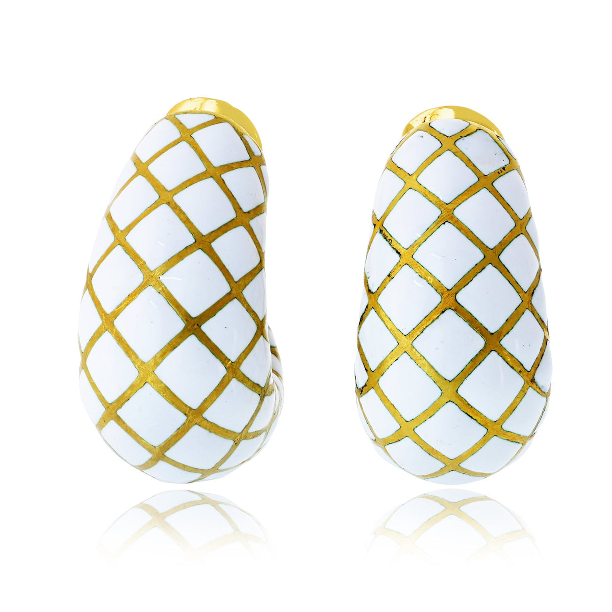 David Webb White Enamel Platinum & 18K Yellow Gold Bombe Gold Checkerboard Clip-On Earrings — Laura Milman New York