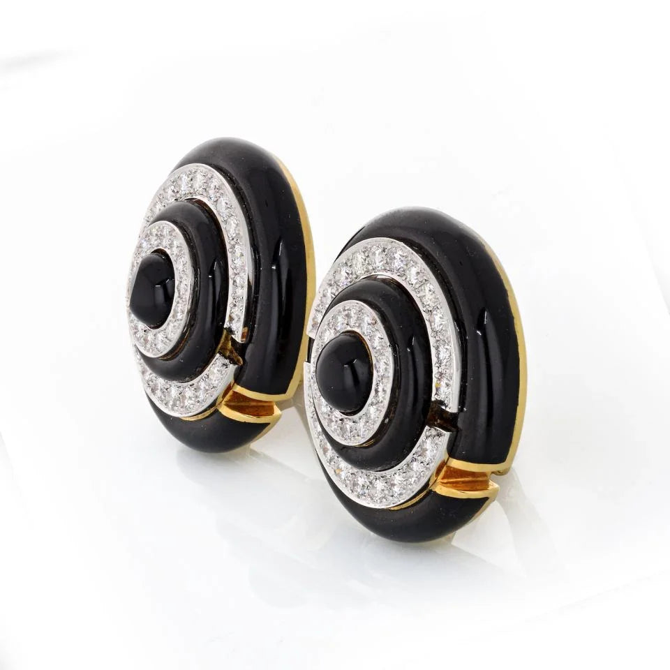 David Webb Black Enamel And Diamond Round Clip-On Earrings — view 2 — Laura Milman New York
