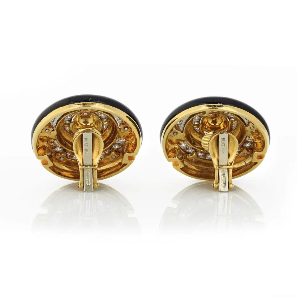 David Webb Black Enamel And Diamond Round Clip-On Earrings — view 4 — Laura Milman New York