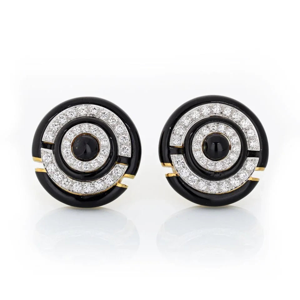 David Webb Black Enamel And Diamond Round Clip-On Earrings — Laura Milman New York