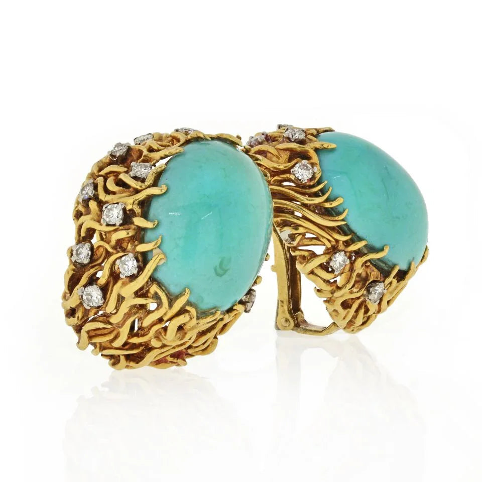 David Webb 18K Yellow Gold Turquoise And Diamond Oval Clip-On Earrings — view 2 — Laura Milman New York