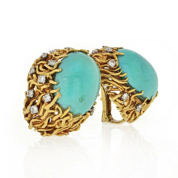 David Webb 18K Yellow Gold Turquoise And Diamond Oval Clip-On Earrings — view 2