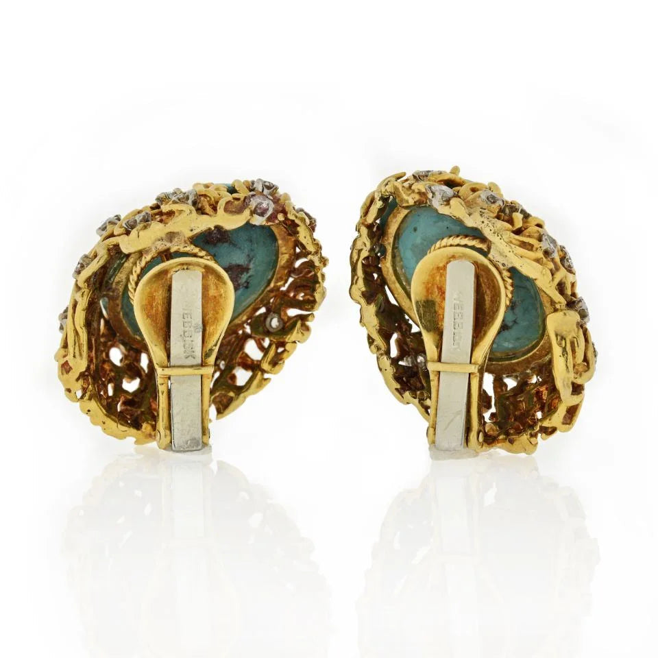 David Webb 18K Yellow Gold Turquoise And Diamond Oval Clip-On Earrings — view 4 — Laura Milman New York