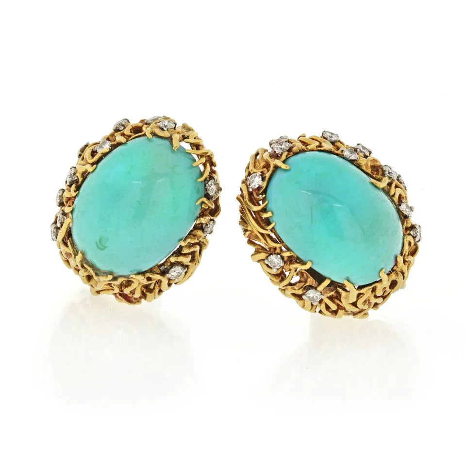 David Webb 18K Yellow Gold Turquoise And Diamond Oval Clip-On Earrings — Laura Milman New York