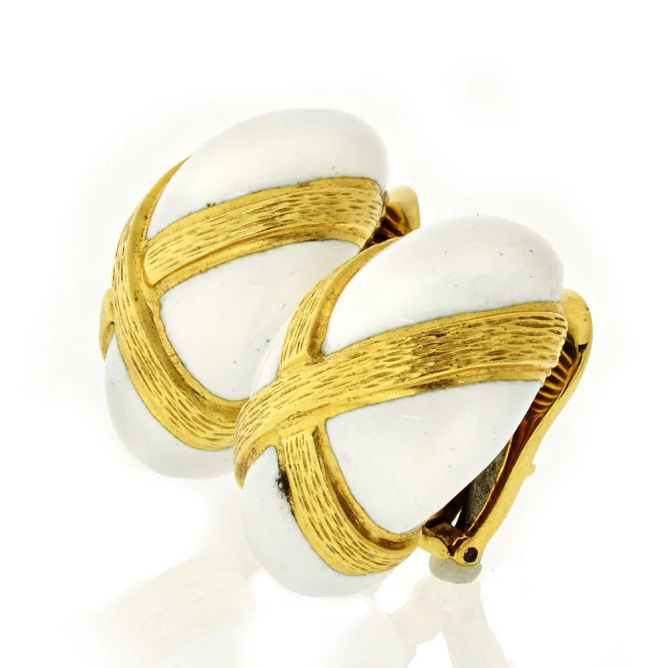 David Webb 18K Yellow Gold Oval White Enamel Earrings — view 2 — Laura Milman New York