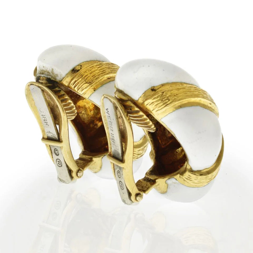 David Webb 18K Yellow Gold Oval White Enamel Earrings — view 3 — Laura Milman New York