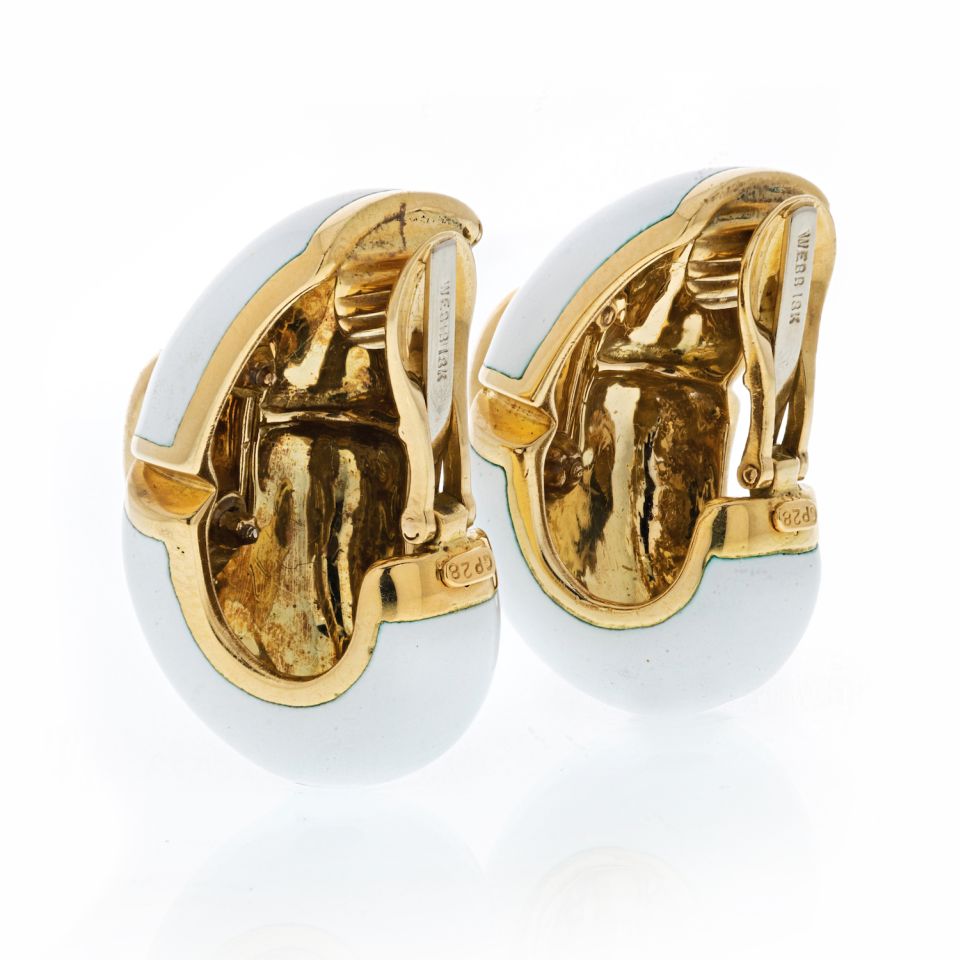 David Webb White Enamel Platinum & 18K Yellow Gold Clip-On Earrings — view 3 — Laura Milman New York