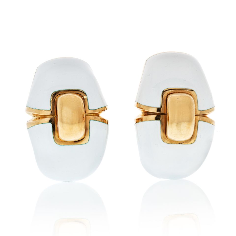 David Webb White Enamel Platinum & 18K Yellow Gold Clip-On Earrings — Laura Milman New York