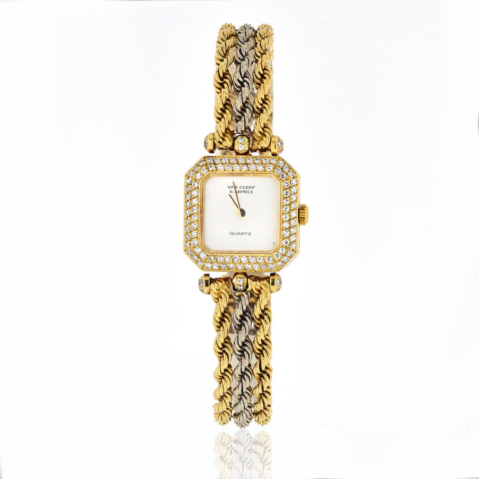 Van Cleef Arpels 18K Two Tone Square Case, Diamond Dial Vintage Ladies Watch
