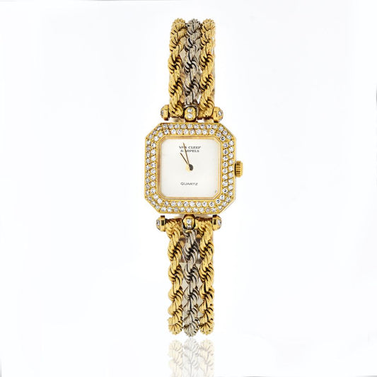 Van Cleef Arpels 18K Two Tone Square Case, Diamond Dial Vintage Ladies Watch
