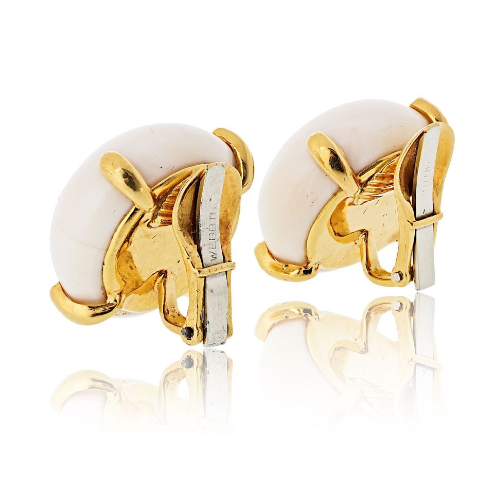 David Webb White Coral 18K Yellow Gold Clip-On Round Earrings — view 3 — Laura Milman New York