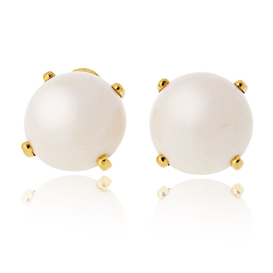 David Webb White Coral 18K Yellow Gold Clip-On Round Earrings — Laura Milman New York
