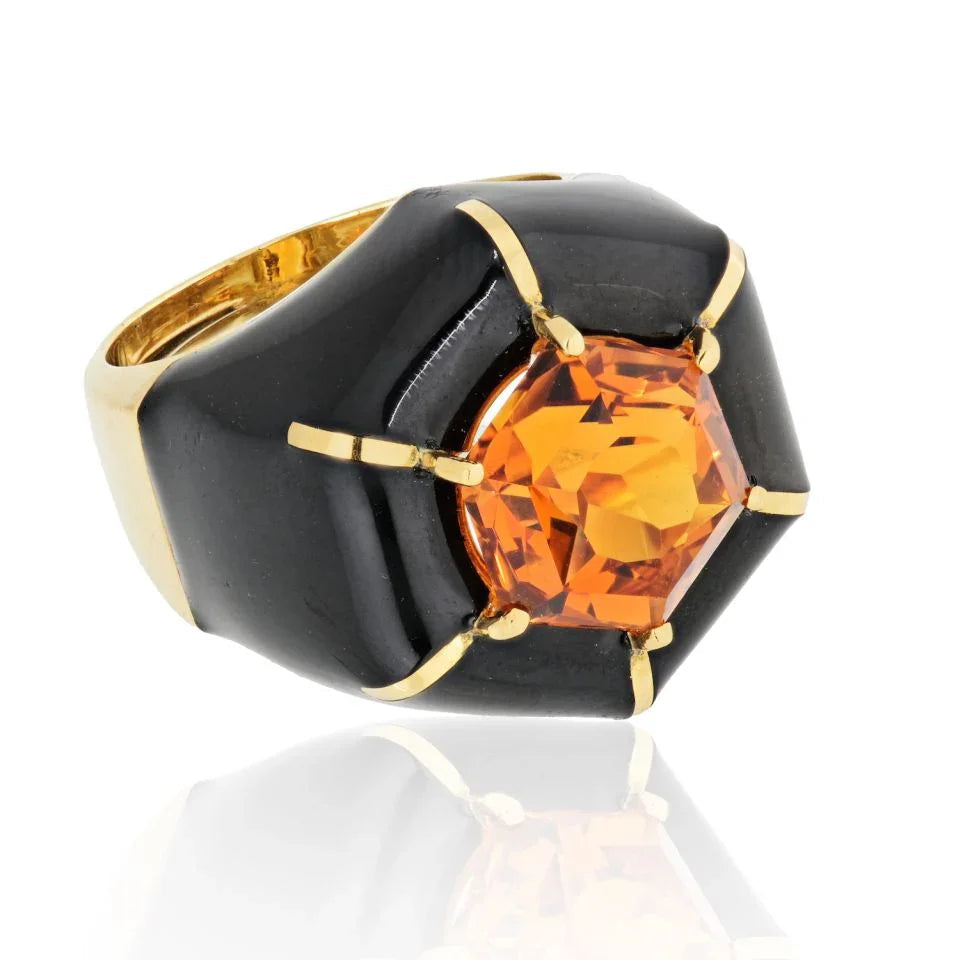 David Webb Citrine 18K Yellow Gold Hexagon Ring — view 2 — Laura Milman New York